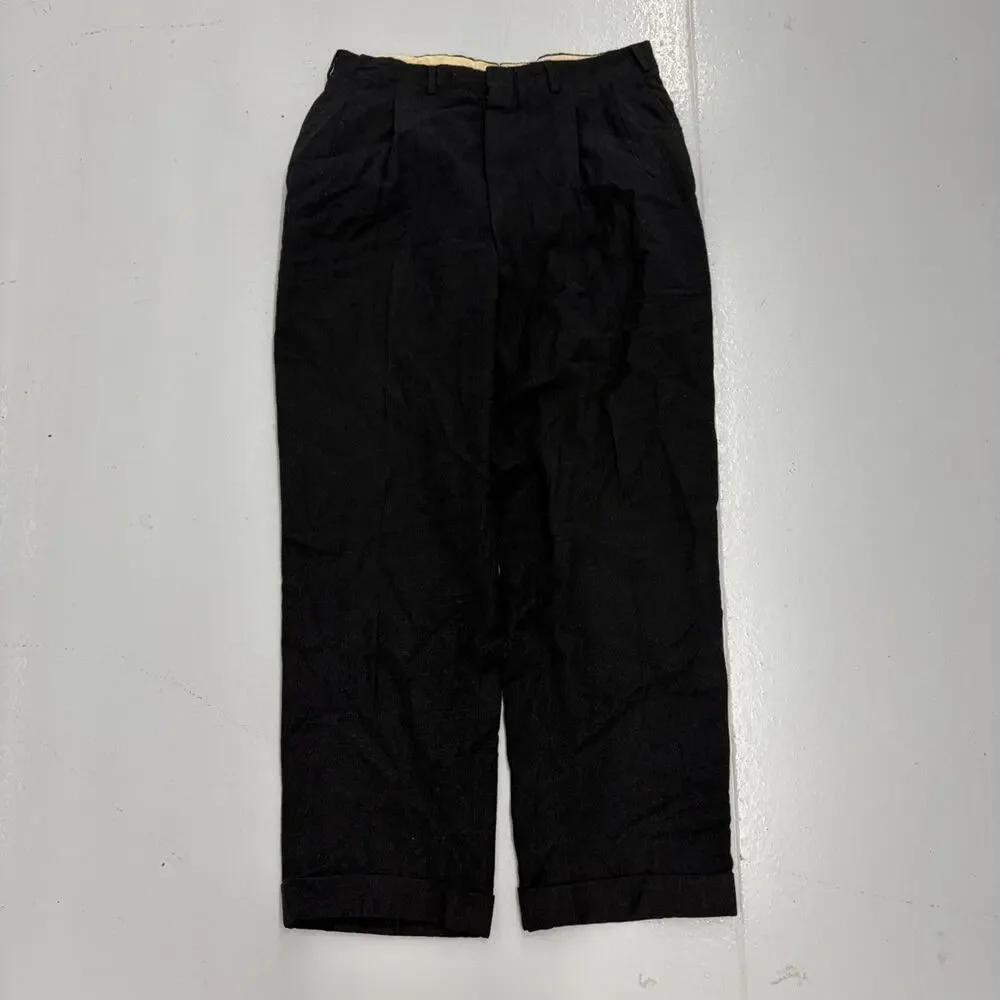 Vintage 50s Black Wool Pleated Wide Leg Trousers 33x29